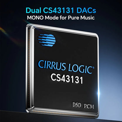 Black rectangular circuit board with silver edges and blue cirrus logic cs43131 text in tempotec corp digital audio player