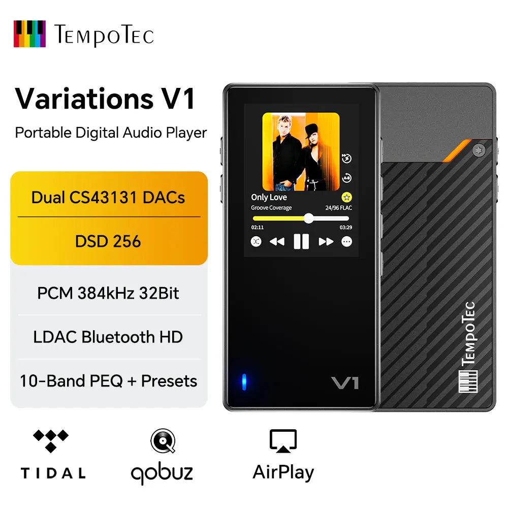 Black tempotec corp variations v1 digital audio player back with diagonal textured pattern and orange accent line