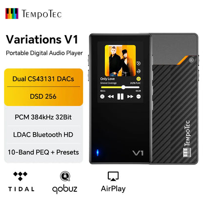 Black tempotec corp variations v1 digital audio player back with diagonal textured pattern and orange accent line