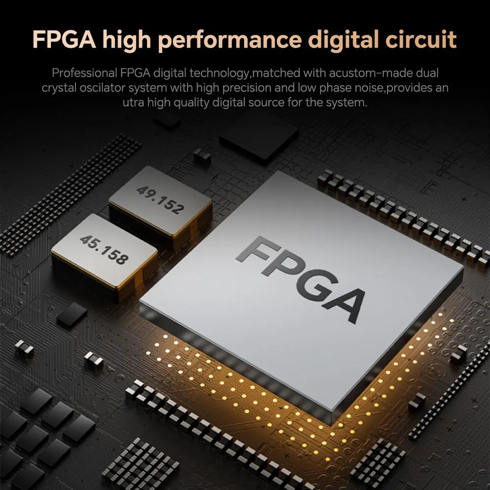 Silver fpga high-performance digital circuit chip with gold oscillator in tempotec corp digital audio player for type beat music