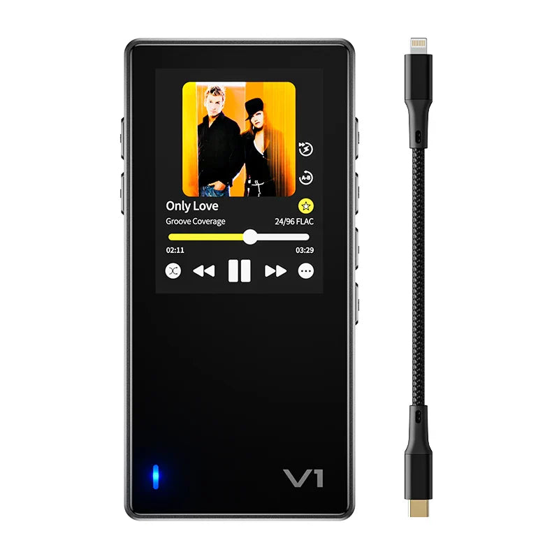 Black rectangular variatons v1 digital audio player by tempotec corp with touchscreen and hi fi headphone amplifier ports