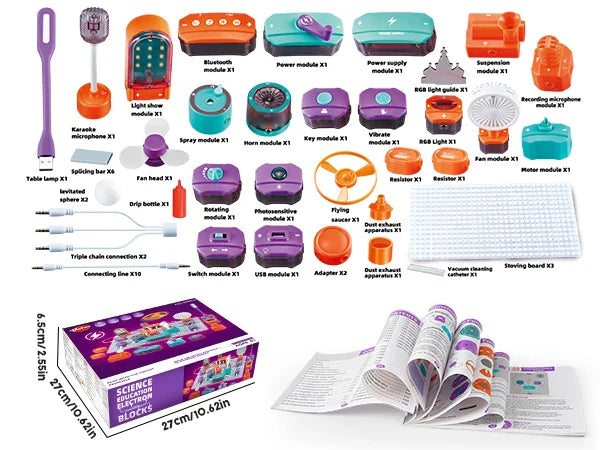 Purple and teal vatos science circuit kit box with colorful components for kids diy electronics and board educate toy projects