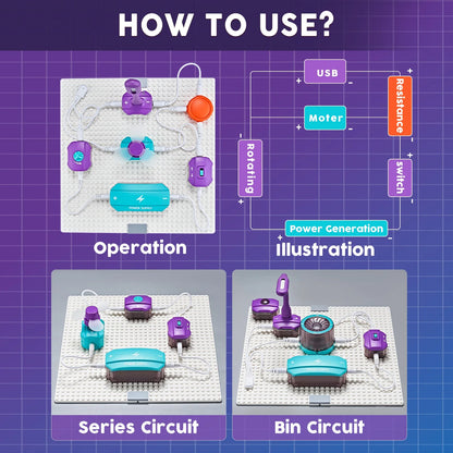 Purple and teal modular vatOS science circuit kit on white grid base for kids diy electronics board educate toy ages 6+
