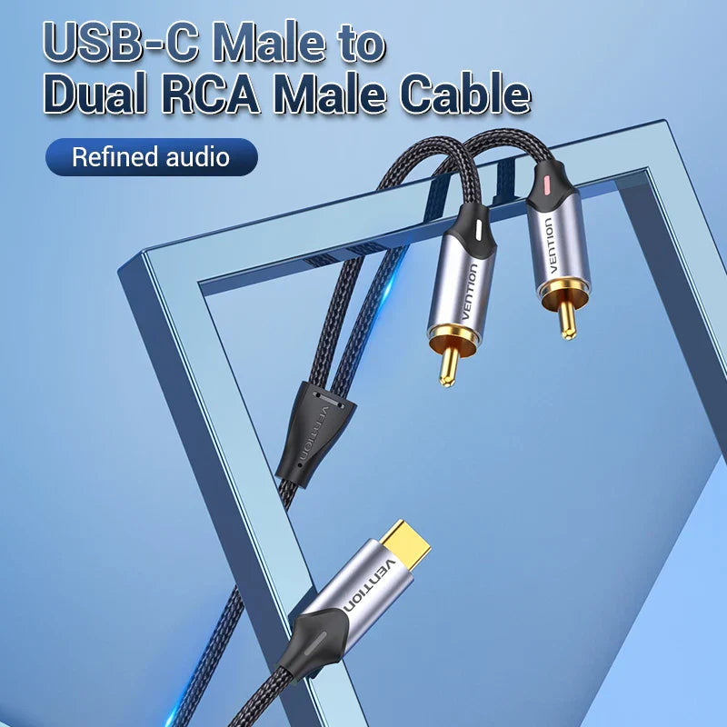 Vention usb c to dual rca audio cable silver and gold with black braided exterior for speaker amplifier huawei xiaomi