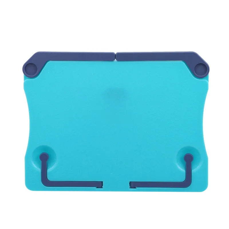 Turquoise plastic adjustable music sheet stand with dark blue accents and adjustable feet for reading bookshelf portable use