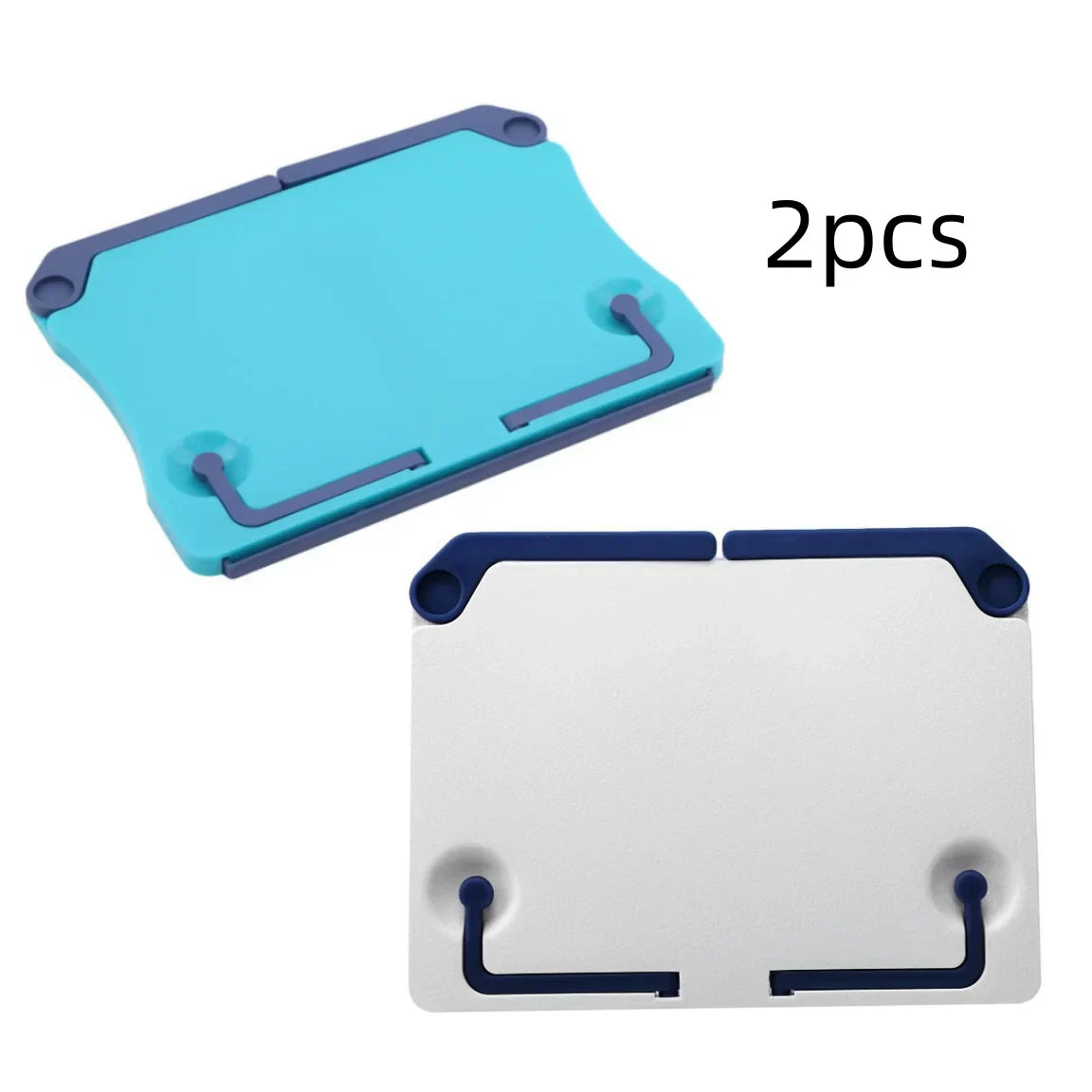 Blue and white plastic adjustable music sheet stand with curved support arms for reading bookshelf portable use