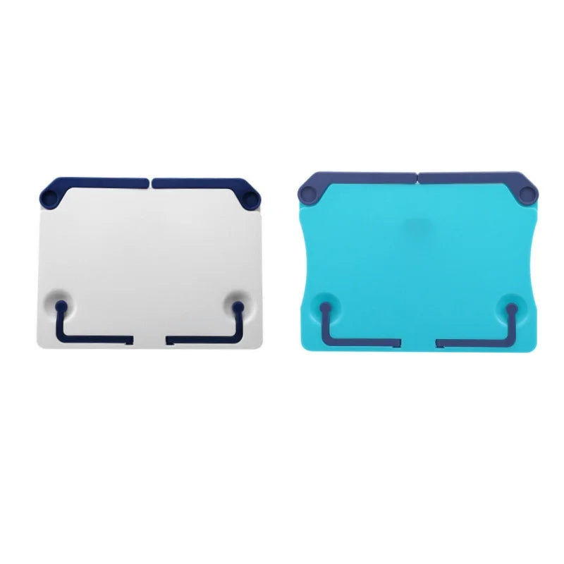 Two plastic versatile adjustable music sheet stands in white and turquoise with navy blue accents for reading bookshelf portable use