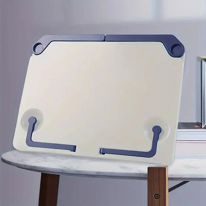 Cream-colored adjustable music sheet stand with navy blue accents and suction cup feet for reading bookshelf portable use