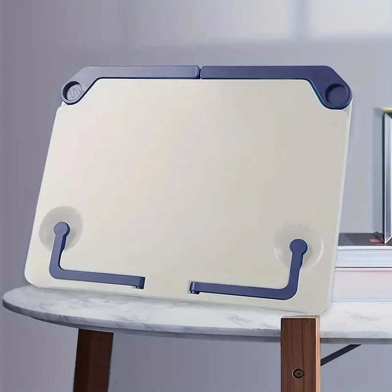 Cream-colored versatile adjustable music sheet stand with navy blue accents and suction cup feet for reading bookshelf portable use