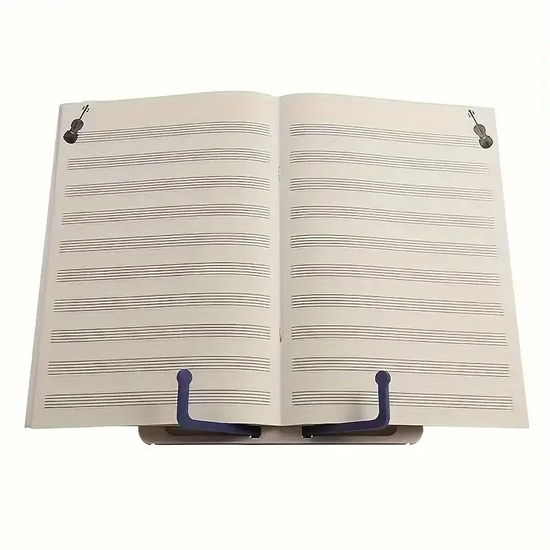 Open music book with black violin illustrations held by a blue adjustable music sheet stand for portable reading bookshelf use