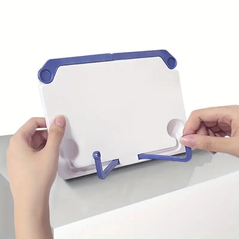 White tablet stand with blue plastic accents and adjustable legs for versatile adjustable music sheet stand and reading bookshelf portable