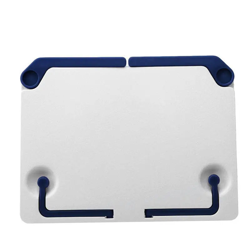 White rectangular versatile adjustable music sheet stand with navy silicone grips for portable reading bookshelf use