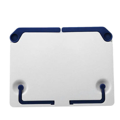 White rectangular versatile adjustable music sheet stand with navy silicone grips for portable reading bookshelf use