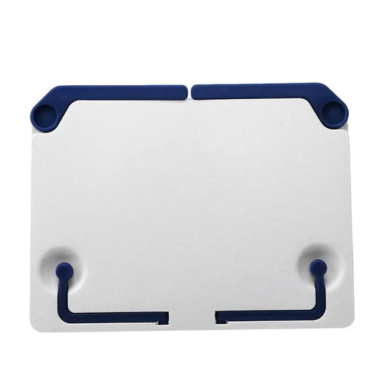 White rectangular versatile adjustable music sheet stand with navy silicone grips for portable reading bookshelf use