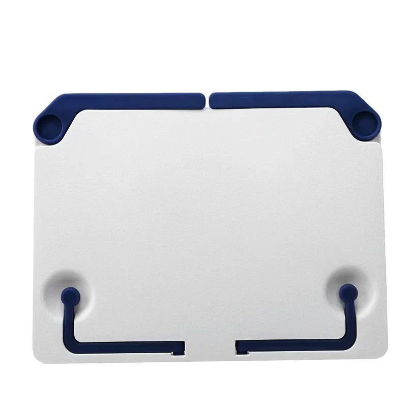 White adjustable music sheet stand with navy blue silicone grips and curved hooks for reading bookshelf portable use