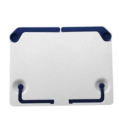 White adjustable music sheet stand with navy blue silicone grips and curved hooks for reading bookshelf portable use