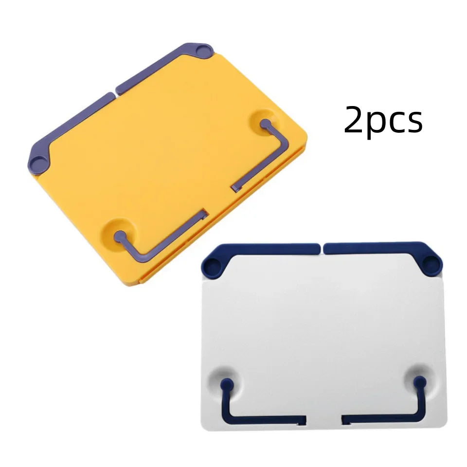 Versatile adjustable music sheet stand in yellow and white with purple and navy blue accents for reading bookshelf portable use
