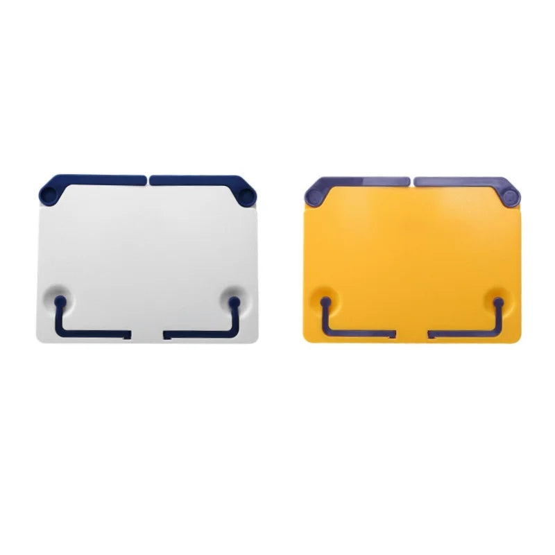 White and yellow plastic versatile adjustable music sheet stand with navy blue accents for reading bookshelf portable use