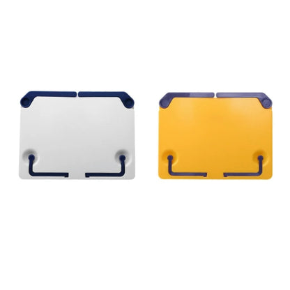 White and yellow plastic versatile adjustable music sheet stand with navy blue accents for reading bookshelf portable use