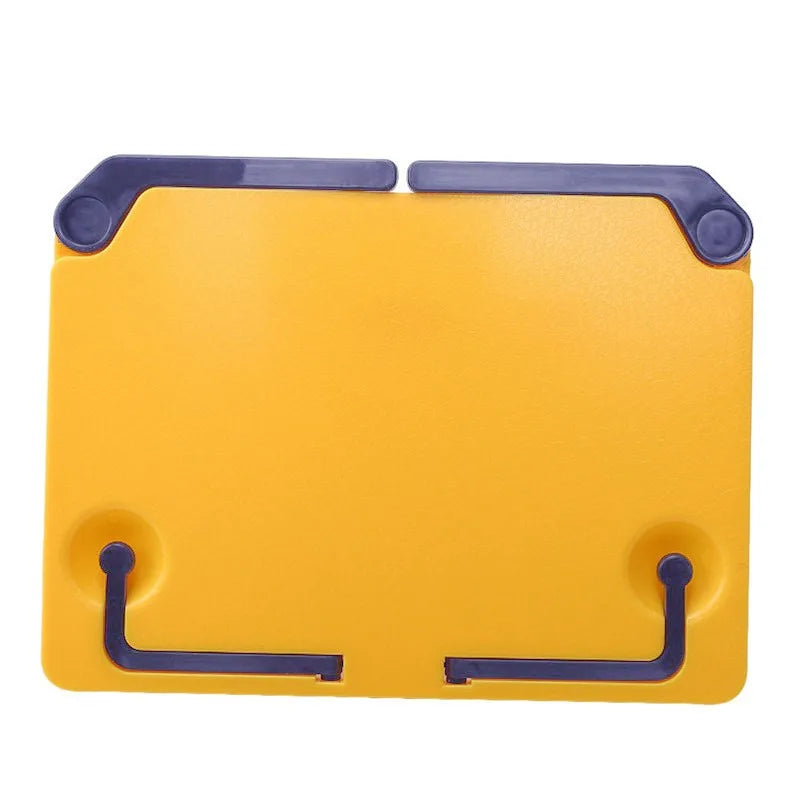 Bright yellow adjustable music sheet stand with dark blue support clips designed as a portable reading bookshelf