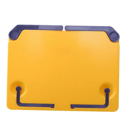 Bright yellow adjustable music sheet stand with dark blue support clips designed as a portable reading bookshelf