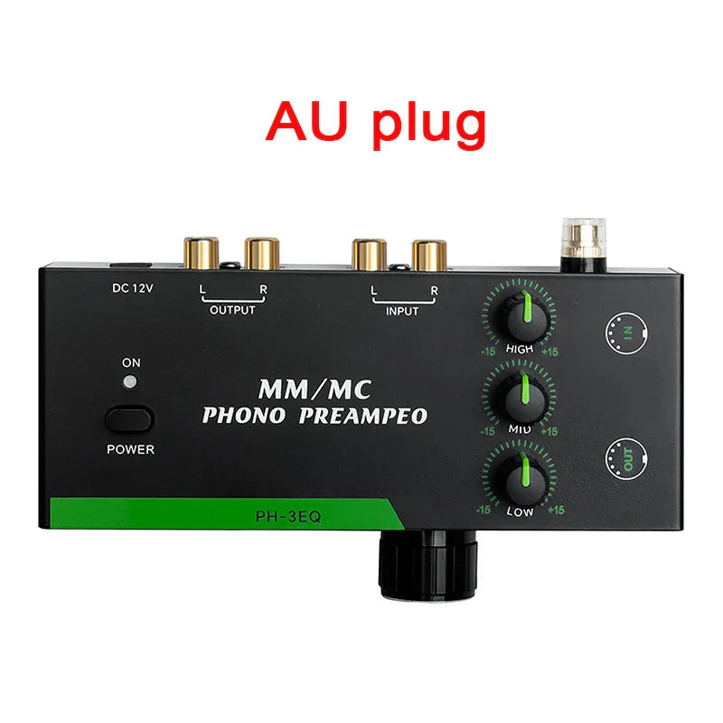 Black versatile turntable amplifier with gold rca jacks and green rotary knobs for professional mm mcs vinyls record player