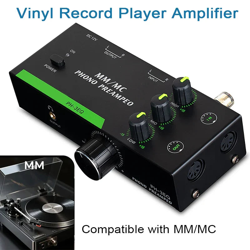 Black rectangular versatile turntable amplifier with green stripe and multiple knobs for professional mm mcs vinyls record player systems
