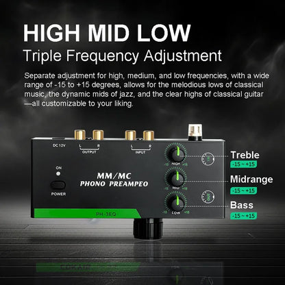 Black versatile turntable amplifier with gold input output jacks and three rotary knobs for professional mm mcs vinyls record player