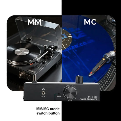 Black versatile turntable amplifier with silver rotary knob and input output ports for professional mm mcs vinyls record player systems