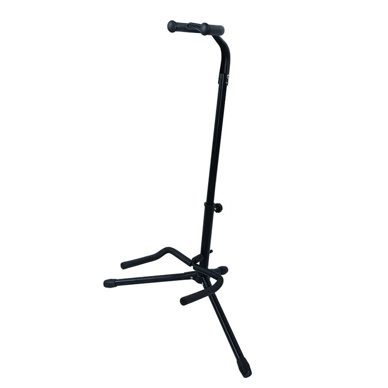 Black metal vertical guitar stand with adjustable height and padded neck support for electric guitar display and pipa bass floor use