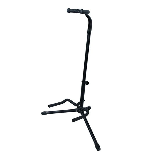 Black metal vertical guitar stand with adjustable height and padded neck support for electric guitar display and pipa bass floor use
