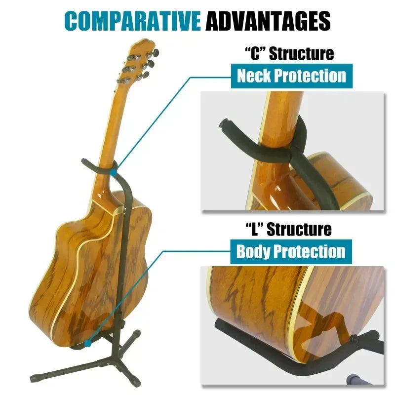 Black metal vertical guitar stand with curved c and l shaped arms for electric guitar display and pipa bass floor use