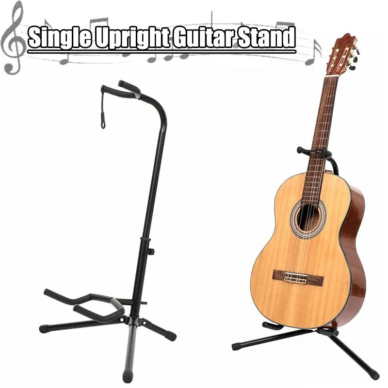 Black metal vertical guitar stand with adjustable height and tripod base for electric guitar display and pipa bass floor use