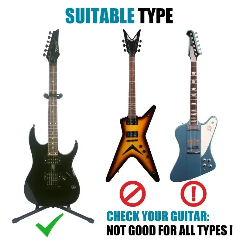 Black electric guitar with glossy finish displayed on a vertical guitar stand folding liftable pipa bass floor stand