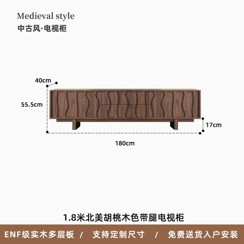 Vesa floor aesthetic tv console in north american walnut with natural grain and wavy panel design for vintage living rooms