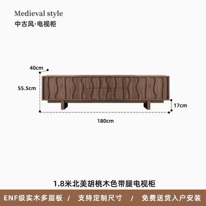 Vesa floor aesthetic tv console in north american walnut with natural grain and wavy panel design for vintage living rooms