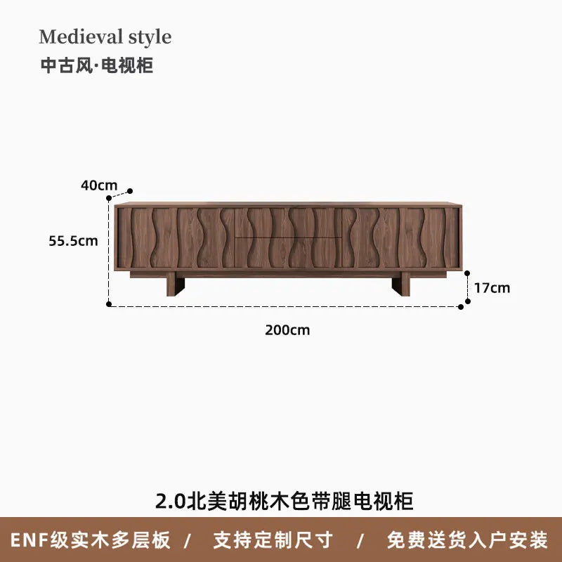 Medeival style tv stand crafted from north american cherry wood with natural grain finish for vesa floor aesthetic use