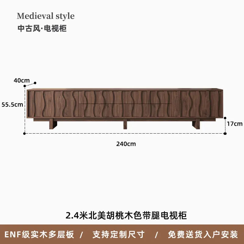 A 2.4 meter dark brown north american walnut vesa floor aesthetic tv stand vintage living entertainment console