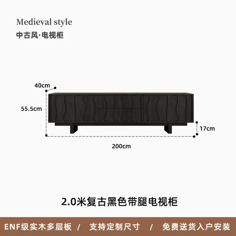 Black medieval-style tv cabinet with wavy wood grain detailing and sturdy legs vesa floor aesthetic vintage living stand
