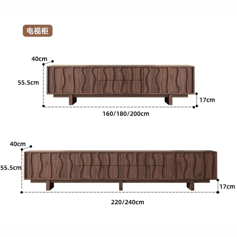 Dark brown wooden vesa floor aesthetic tv stand with wavy carved panel and four short legs for vintage living room