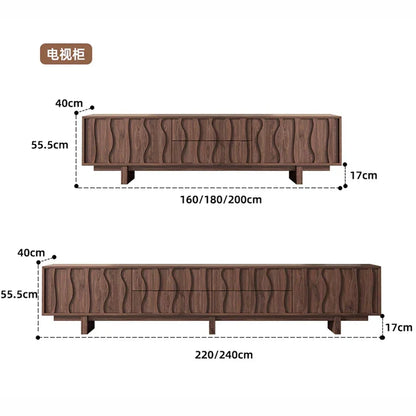 Dark brown wooden vesa floor aesthetic tv stand with wavy carved panel and four short legs for vintage living room