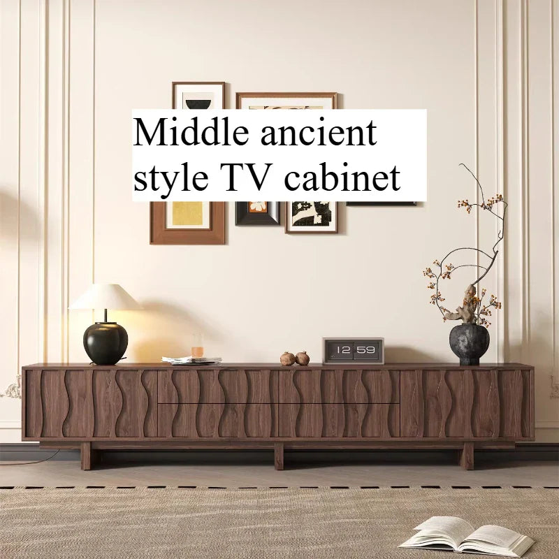 Dark brown wooden Vesa floor aesthetic TV stand vintage living console with wavy carved paneling for modern use