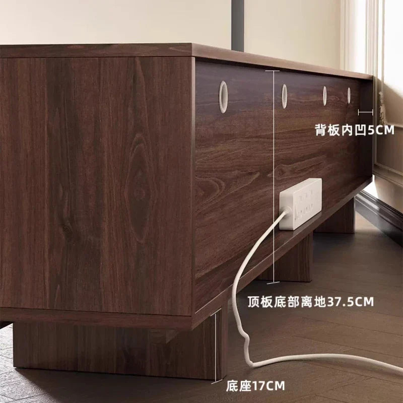 Dark brown wooden vesa floor aesthetic tv stand vintage living room entertainment console with sleek oval handles
