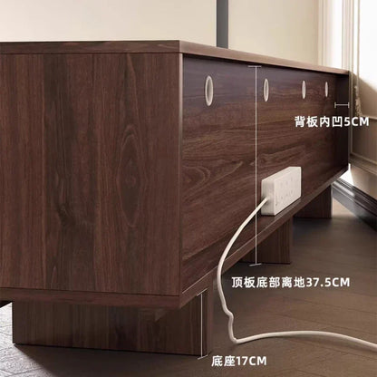 Dark brown wooden vesa floor aesthetic tv stand vintage living room entertainment console with sleek oval handles