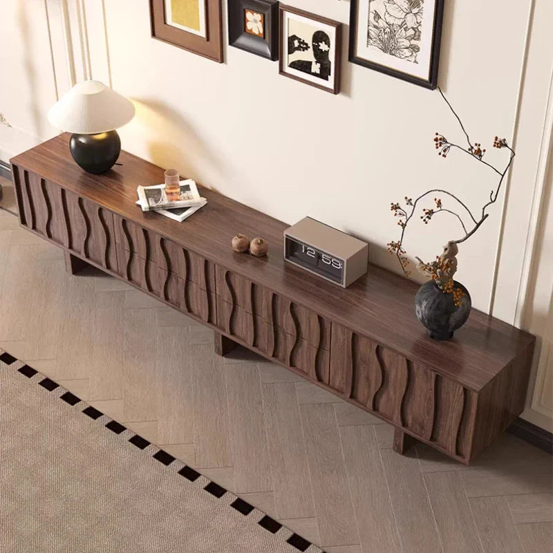 Dark wood media console with wavy sculpted front panels vesa floor aesthetic stand vintage living monitor stand modern
