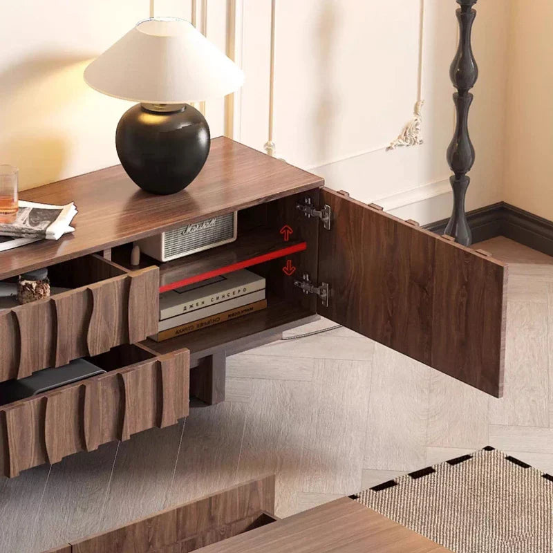 Modern wooden vesa floor aesthetic tv stand with wavy drawer fronts in dark brown for vintage living room decor