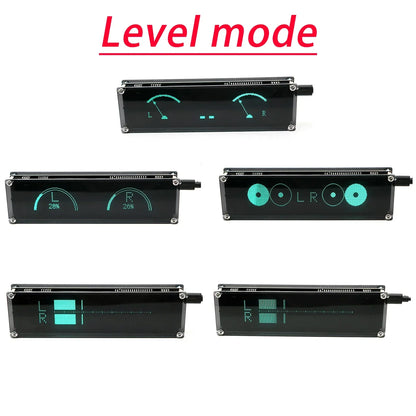 Black rectangular vfd music spectrum display with glowing teal l and r channel indicators for spectrum vfd clock use