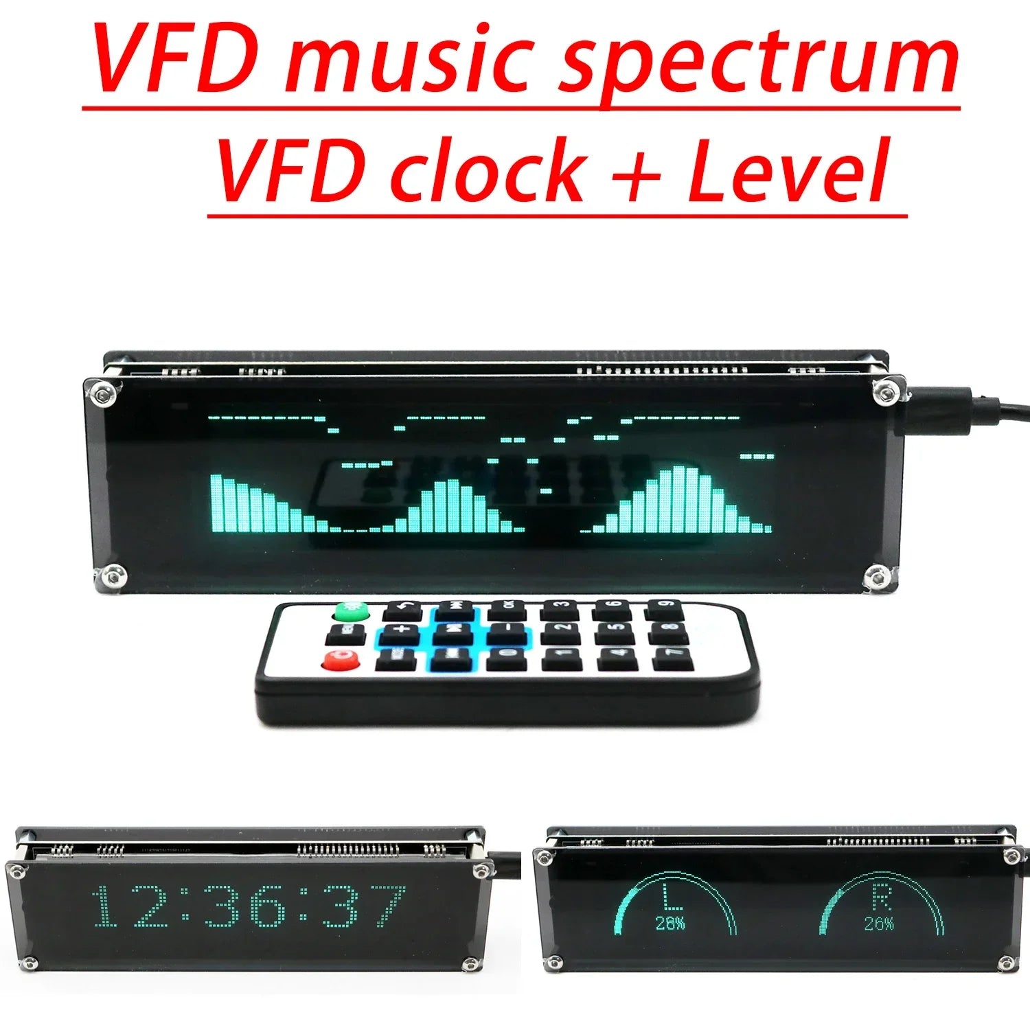 Black rectangular music spectrum vfd clock with green glowing bars and matching remote control for audio level display