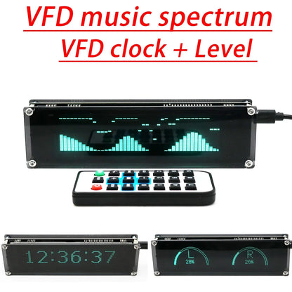 Black rectangular music spectrum vfd clock with green glowing bars and matching remote control for audio level display