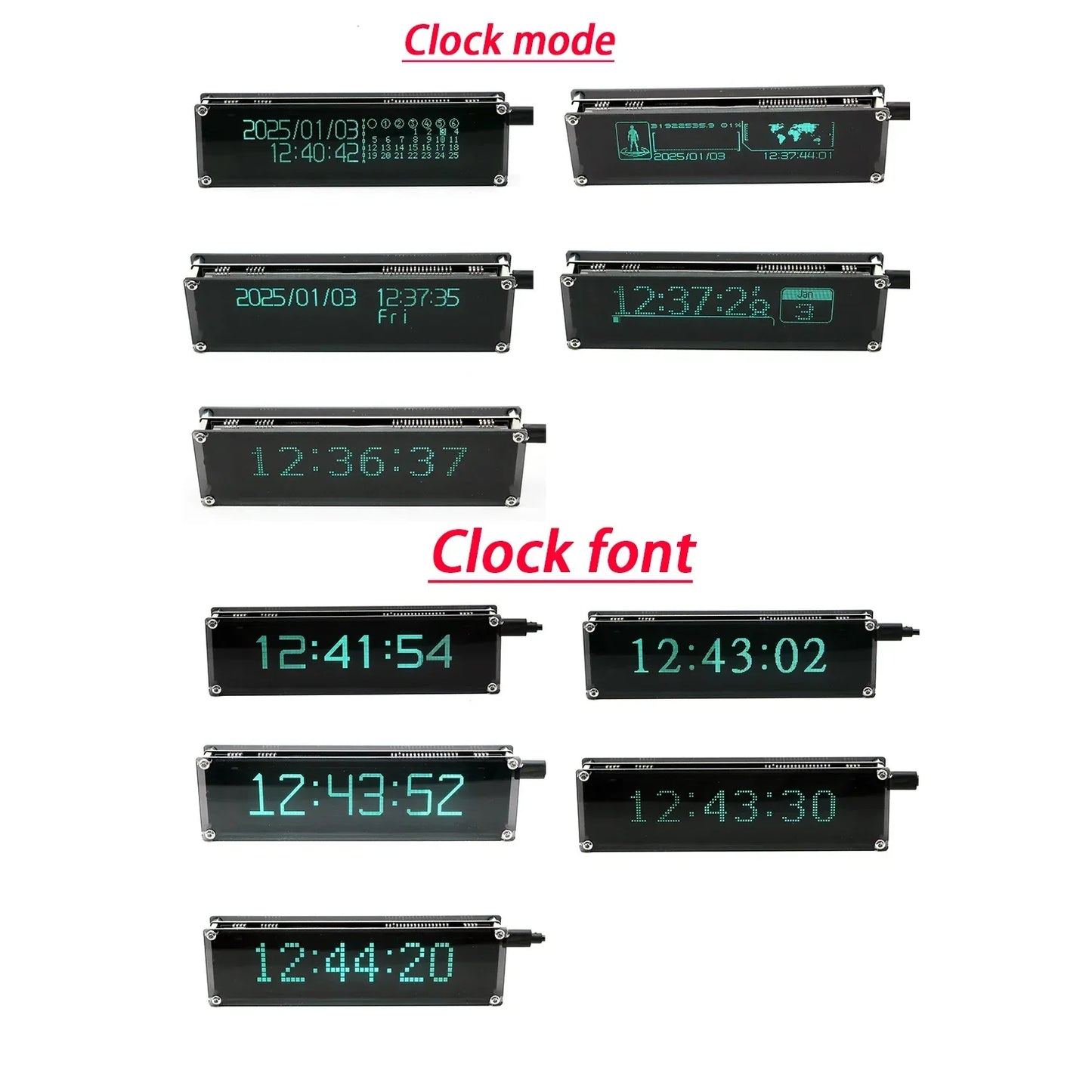 Black rectangular oled music spectrum vfd clock display modules with green digital time date and font styles